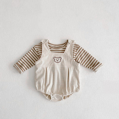 Baby Striped Shirt Combo Corduroy Fabric Cartoon Bear Embroidered Vest Bodysuit 2 Pieces Sets-2