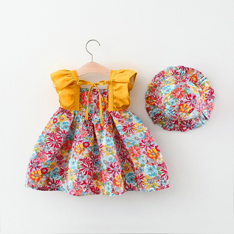 Baby Girl Flower Pattern Butterfly Sleeve Design Cute Dress With Hat-2