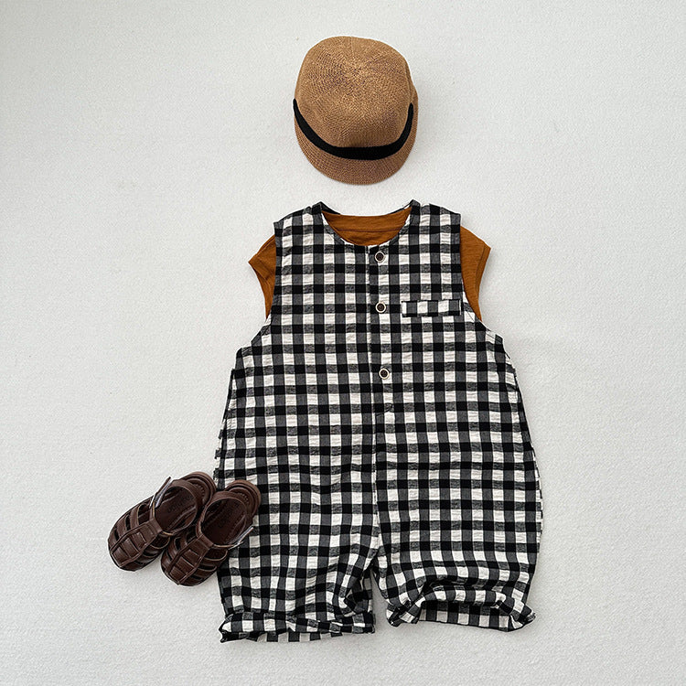 New Arrival Summer Baby Kids Unisex Black Plaid Sleeveless Single Breasted Cotton Romper-1