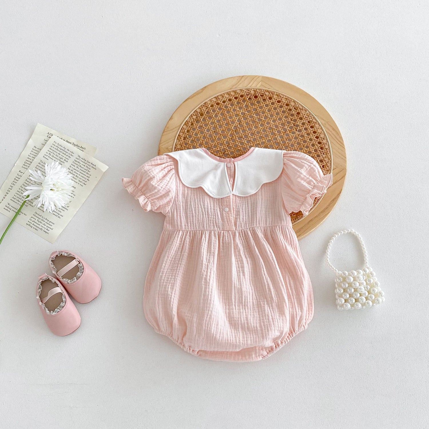 Hot Selling Summer Baby Kids Girls Pink Short Sleeves Fruits Embroidery Collar Onesies-1