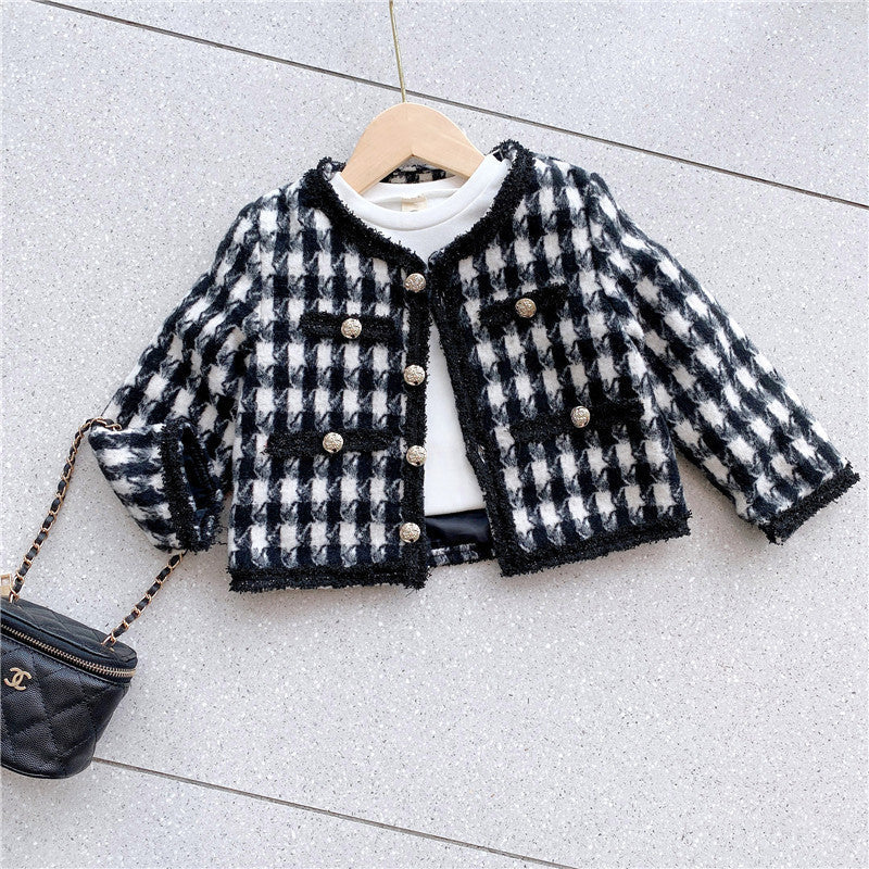 Girls Houndstooth Pattern Single Breasted Cardigan&amp;Skirt Elegant Style Sets-2