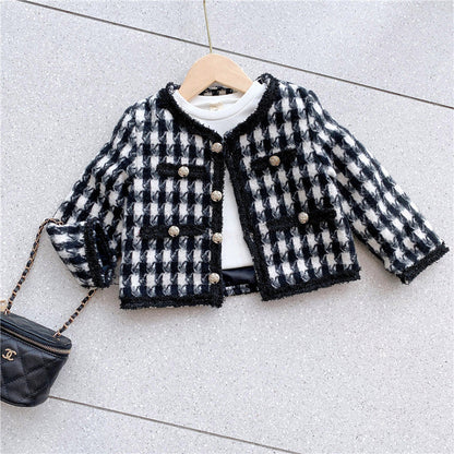 Girls Houndstooth Pattern Single Breasted Cardigan&amp;Skirt Elegant Style Sets-2