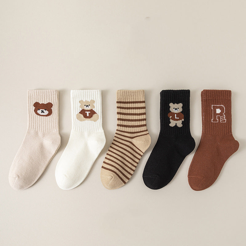 Kids Unisex Breathable Comfy Brown Bear Series Cartoon Pattern Socks Set-1