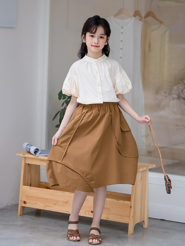 Summer Hot Selling Girls Solid Color Single Breasted Short Sleeves Shirt And Irregular Skirt Clothing Set-1