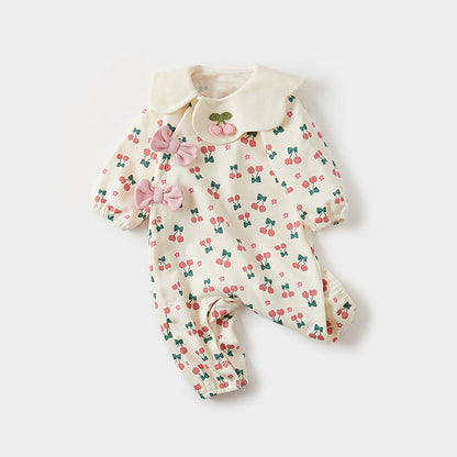 Autumn Baby Girl Cherry Pattern Flower Neck Rompers-2