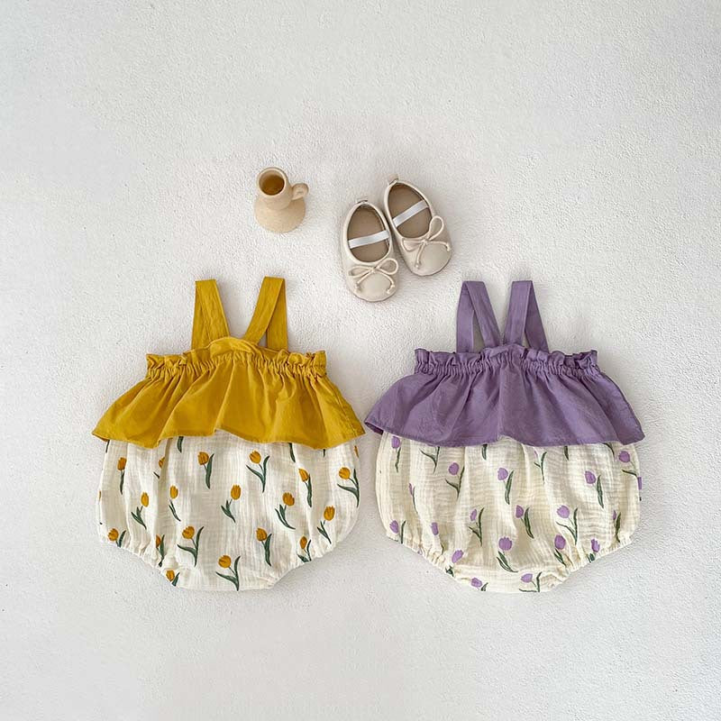 Summer New Arrival Baby Girls Sleeveless Flowers Pattern Color Patchwork Strap Onesie-3