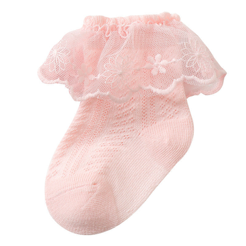 Baby Girl Solid Color Lace Mesh Design Princess Socks-2