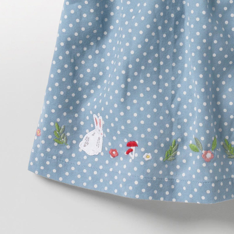 Summer New Arrival Girls Short Sleeves Rabbits Cartoon White Dots Peter Pan Collar Dress-3