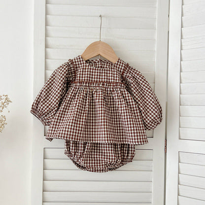 Autumn Hot Selling Baby Girls Long Sleeves Plaid Top Dress And Bloomer Clothing Set-3