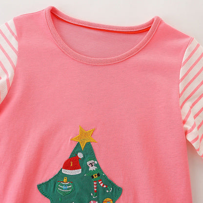 Baby Girl Cartoon Christmas Tree Pattern Striped Sleeve Design Princess Dress-2