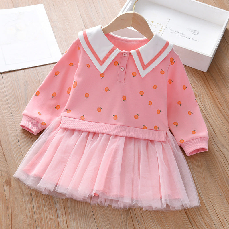 Baby Girl Fruit Pattern College Style Lapel Design Mesh Patchwork Dress-1