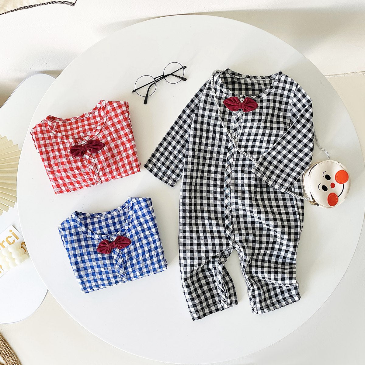 Baby Boy Plaid Pattern Bow Patched Design Cotton Jumpsuit-2