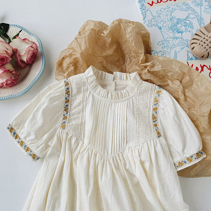 New Arrival Summer Baby Kids Girls Short Sleeves French Style Ruffle Neck Dress-3