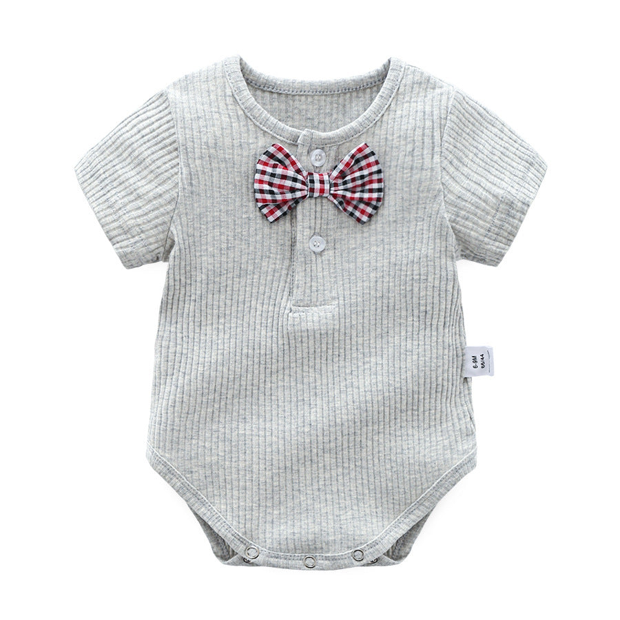 Baby Boy And Girl Solid Color Bow Tie Design Short Sleeve Buttoned Onesies-2