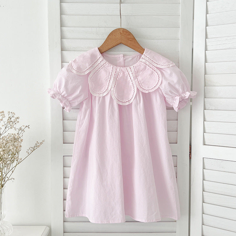 New Design Summer Girls Hollow Out Flower Collar Short Sleeveless Onesies And Short Sleeves Dress – Sister Matching Clothing Set-1