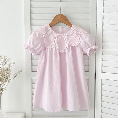 New Design Summer Girls Hollow Out Flower Collar Short Sleeveless Onesies And Short Sleeves Dress – Sister Matching Clothing Set-1
