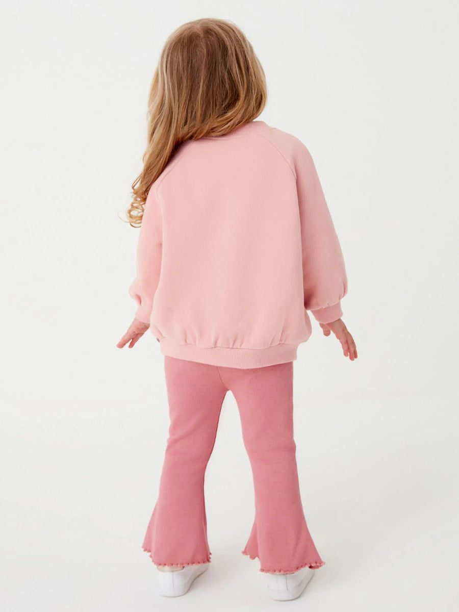 Spring Baby Kids Girls Letters Embroidery Long Sleeves Pullover And Solid Flared Pants Clothing Set-2