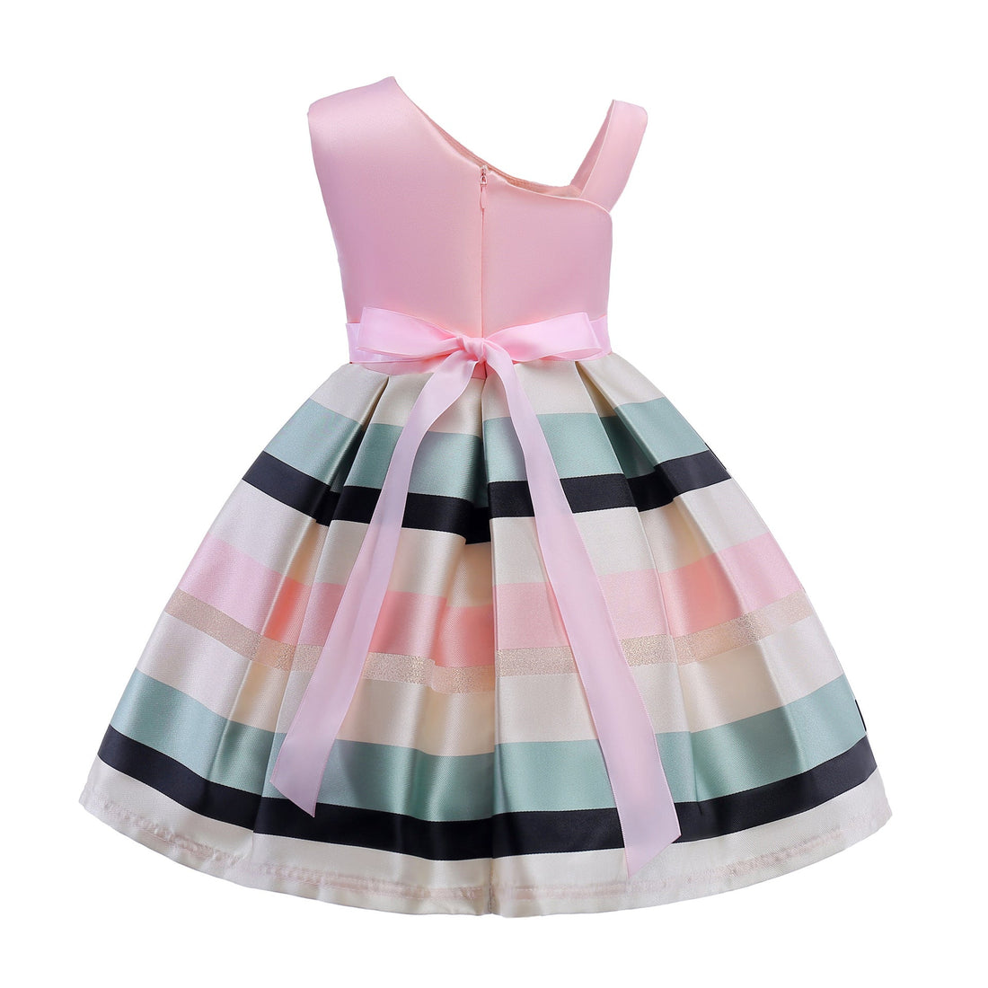 Baby Girl Floral Patched Pattern Striped Tutu Princess Dress One Shoulder Dress-1