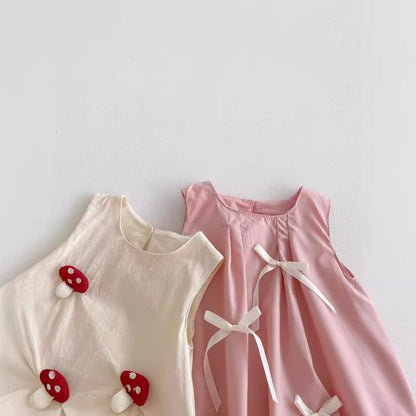 Summer Hot Selling Baby Kids Girls Sleeveless Crew Neck 3D Mushroom/Bow Simple Dress-4