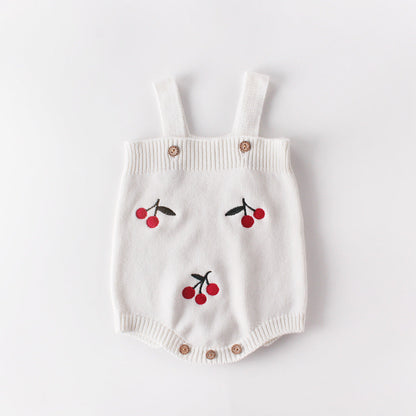 Baby Girl 1pc Cherry Embroidered Graphic Crotch Knitted Bodysuit &amp; Button Front Sweater Coat Sets-2