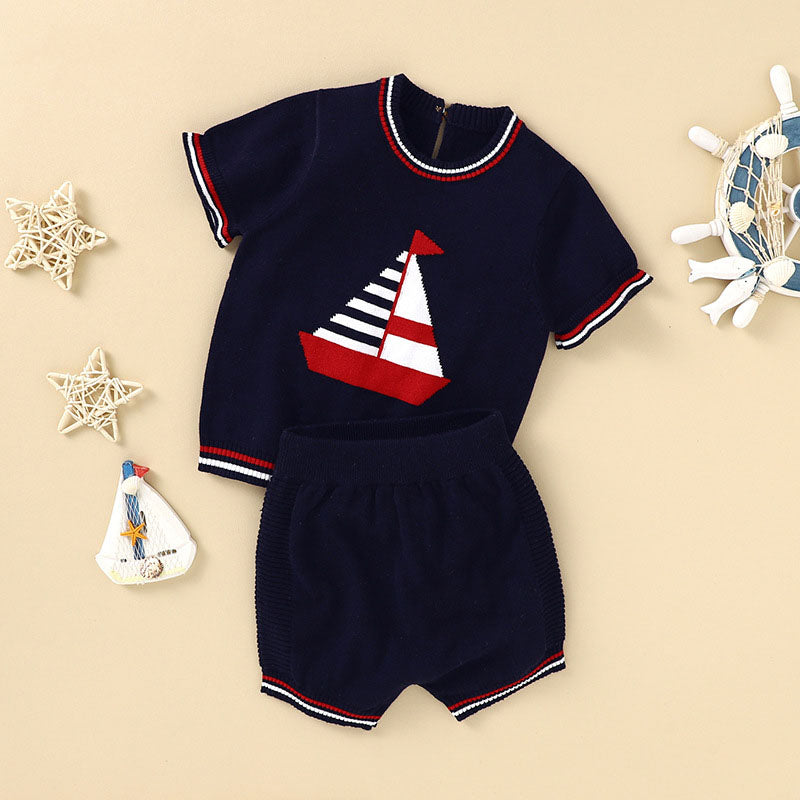 Baby Boy Embroidered Graphic Striped Neck &amp; Sleeve Design Tee Combo Shorts Sailor Style Sets-1