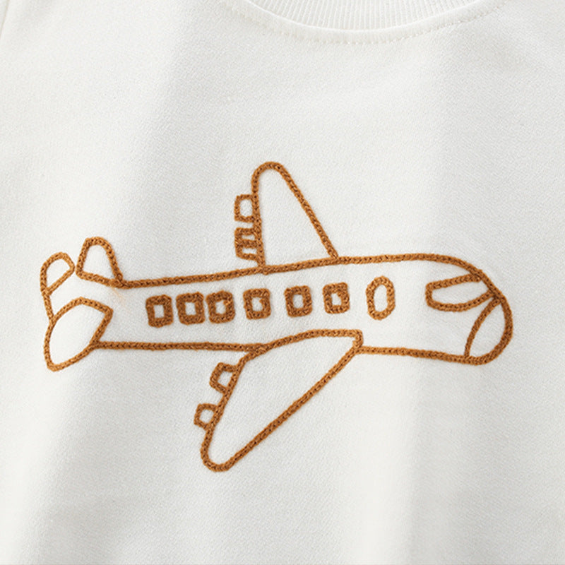 Baby Plane Embroidered Pattern Solid Color Long Sleeve Quality Hoodie-2