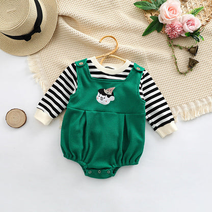 Baby Striped Pattern Shirt Combo Cartoon Graphic Corduroy Fabric Strap Onesies Sets-2