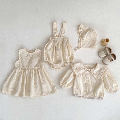 New Arrival Summer Baby Kids Girls Solid Color Floral Embroidery Dress, Shirt And Overalls Onesies – Sister Matching Set-5