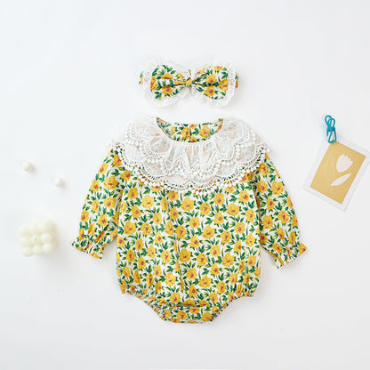 Baby Girl Flower Pattern Labeled Collar Design Long Sleeve Bodysuit-2