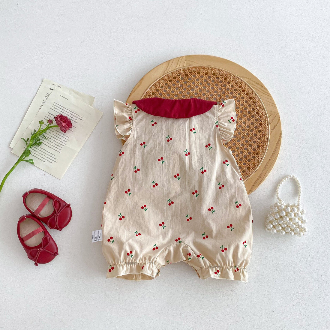 Summer Thin New Arrival Baby Girls Cherry Print Fly Sleeves Peter Pan Collar Onesies-1