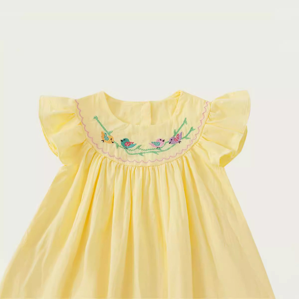 Summer Baby Kids Girls Sleeveless Birds Embroidery Yellow Dress-3