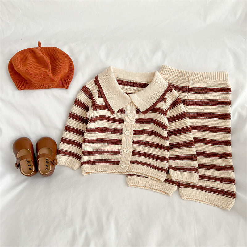 Baby Striped Pattern Lapel Knitted Cardigan With Pants Sets-2