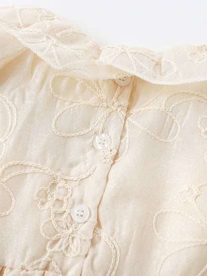 Summer New Arrival Girls’ Floral Pattern Embroidery Short Sleeves Round Collar Dress-3
