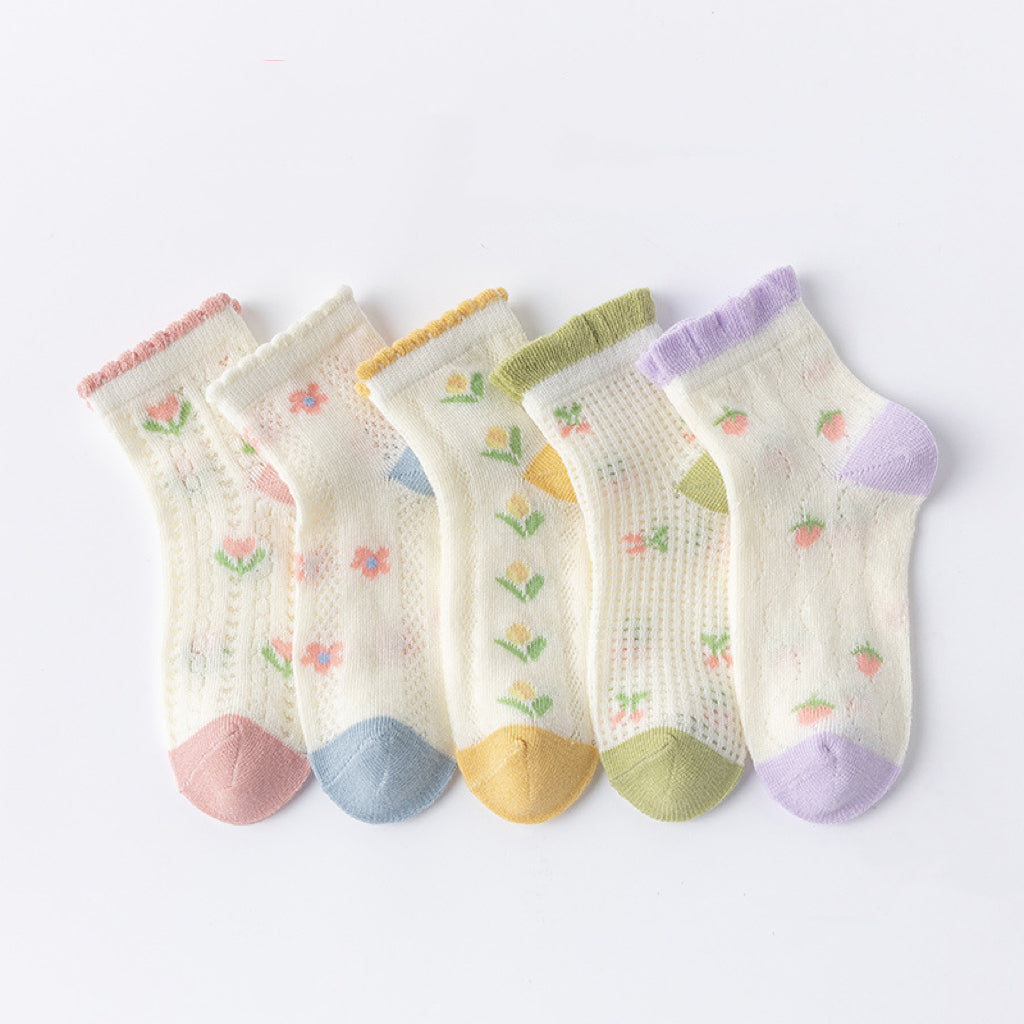 Baby Print Pattern Mesh Soft Cotton Socks 1Bag=5Pairs-1