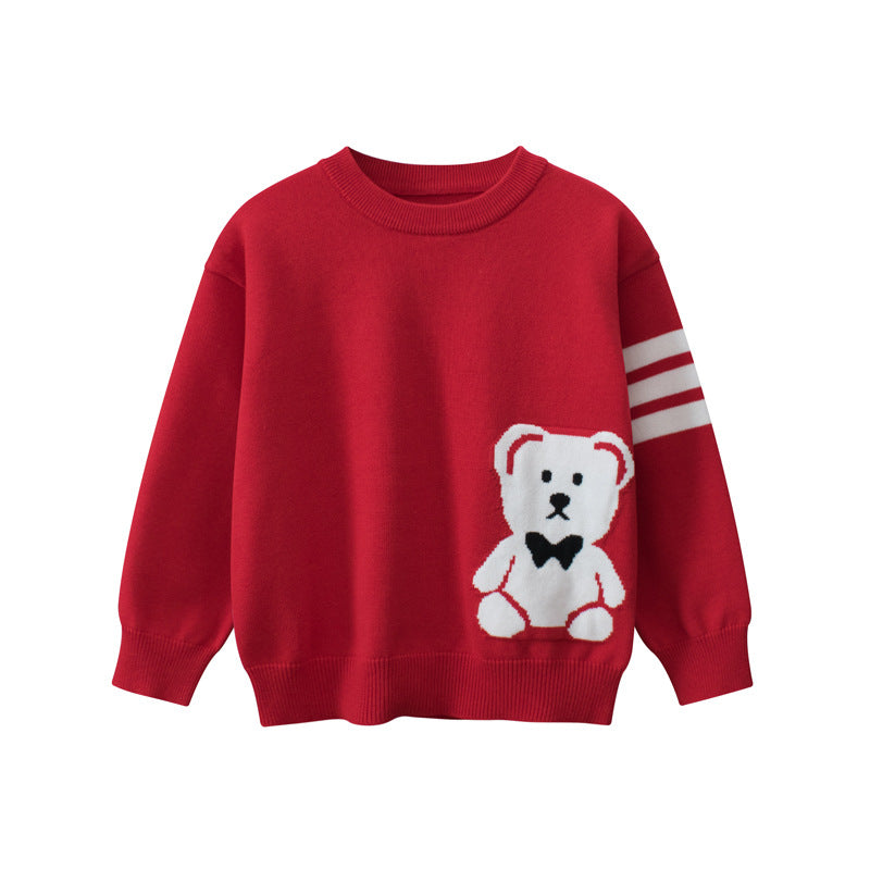 Baby Boys And Girls Kids Cute Teddy Bear Cartoon Long Striped Sleeve Knitwear Pullover-2