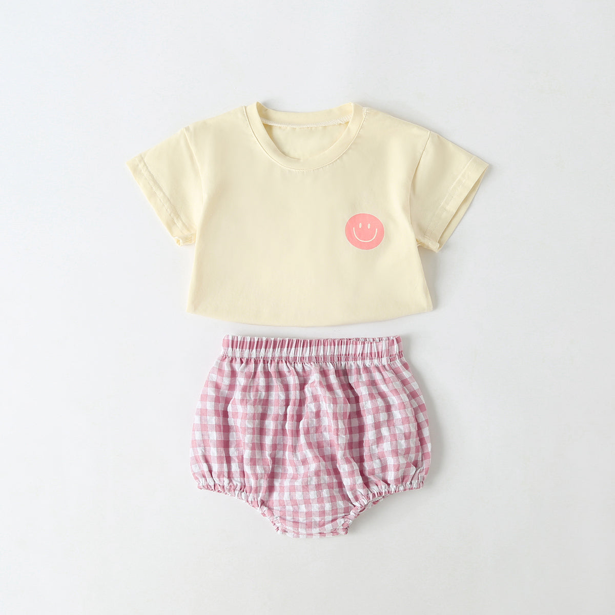 Baby Smiley Print Pattern Solid Tee Combo Plaid Pattern Triangle Shorts Sets-2