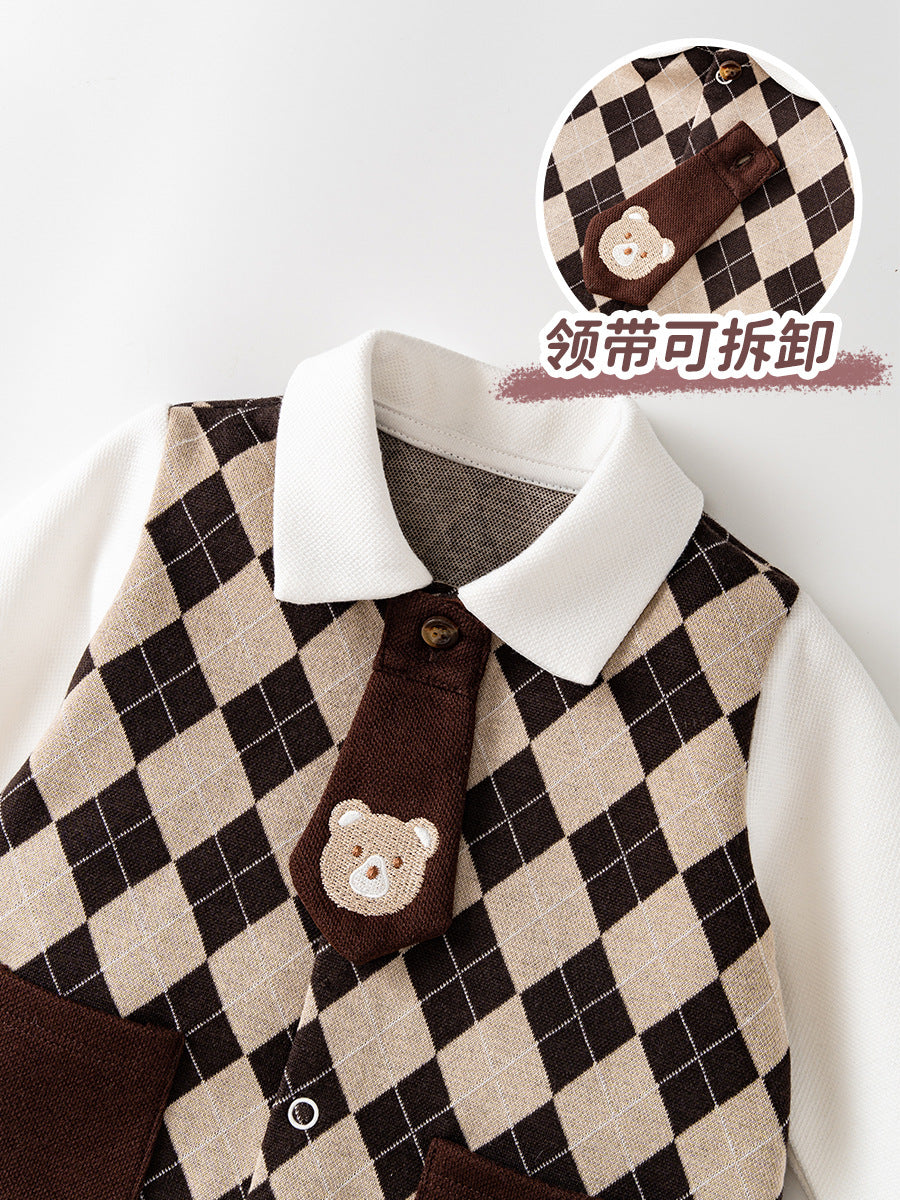 Autumn Newborn Plaid Pattern Polo Neck Rompers-2