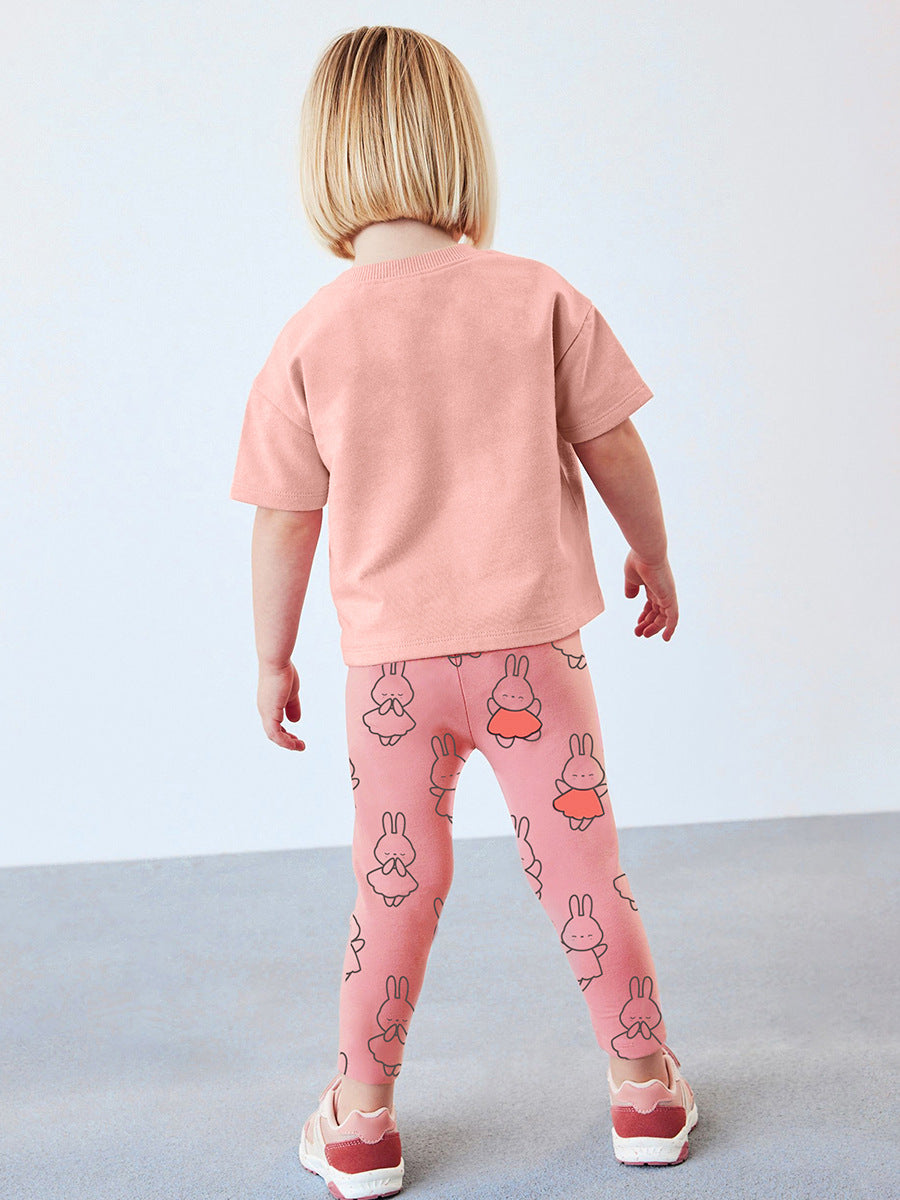 Girls Colorful Rabbits Cartoon Pink T-Shirt And Pants Set-3