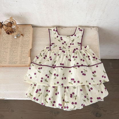 Summer Hot Selling Baby Girls Sleeveless Sweet Cherry Print Dress And Bloomers Clothing Set-2