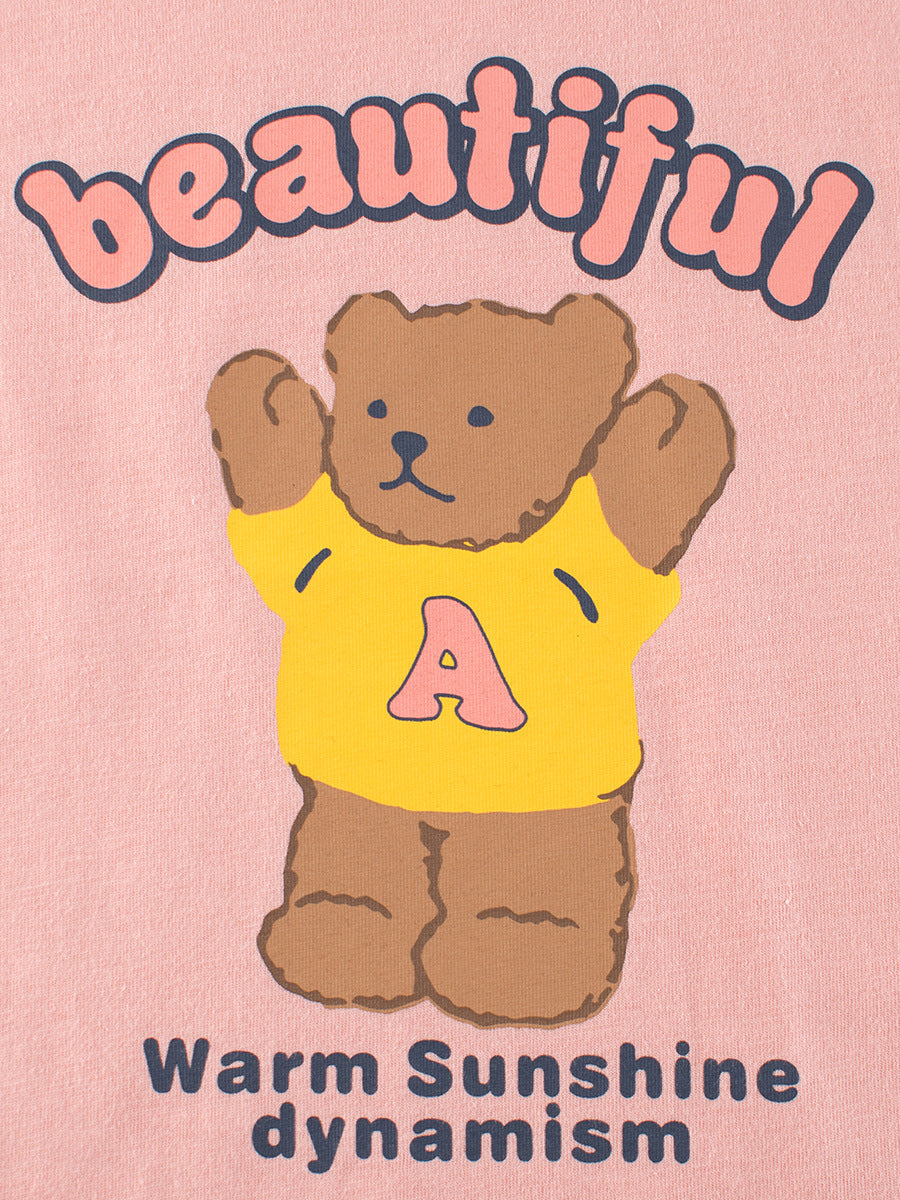 Cute Bear Print Girls’ Patchwork T-Shirt For Summer-2