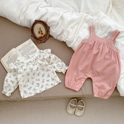 Floral Pattern Blouses With Pink Overalls Sets-2