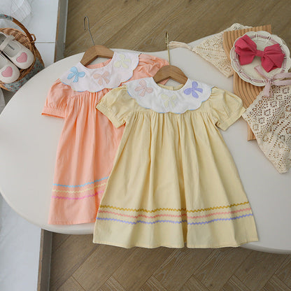 New Arrival Summer Kids Girls Colorful Bows Pattern Collar Short Sleeves Striped Dress-3