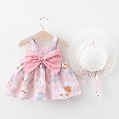 Baby Flower Pattern Bow Patched Design Sling Dress In Summer With Hat-1