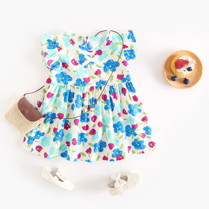 Summer New Design Baby Girls Oil Painting Style Floral Print Fly Sleeves Crew Neck Dress-1