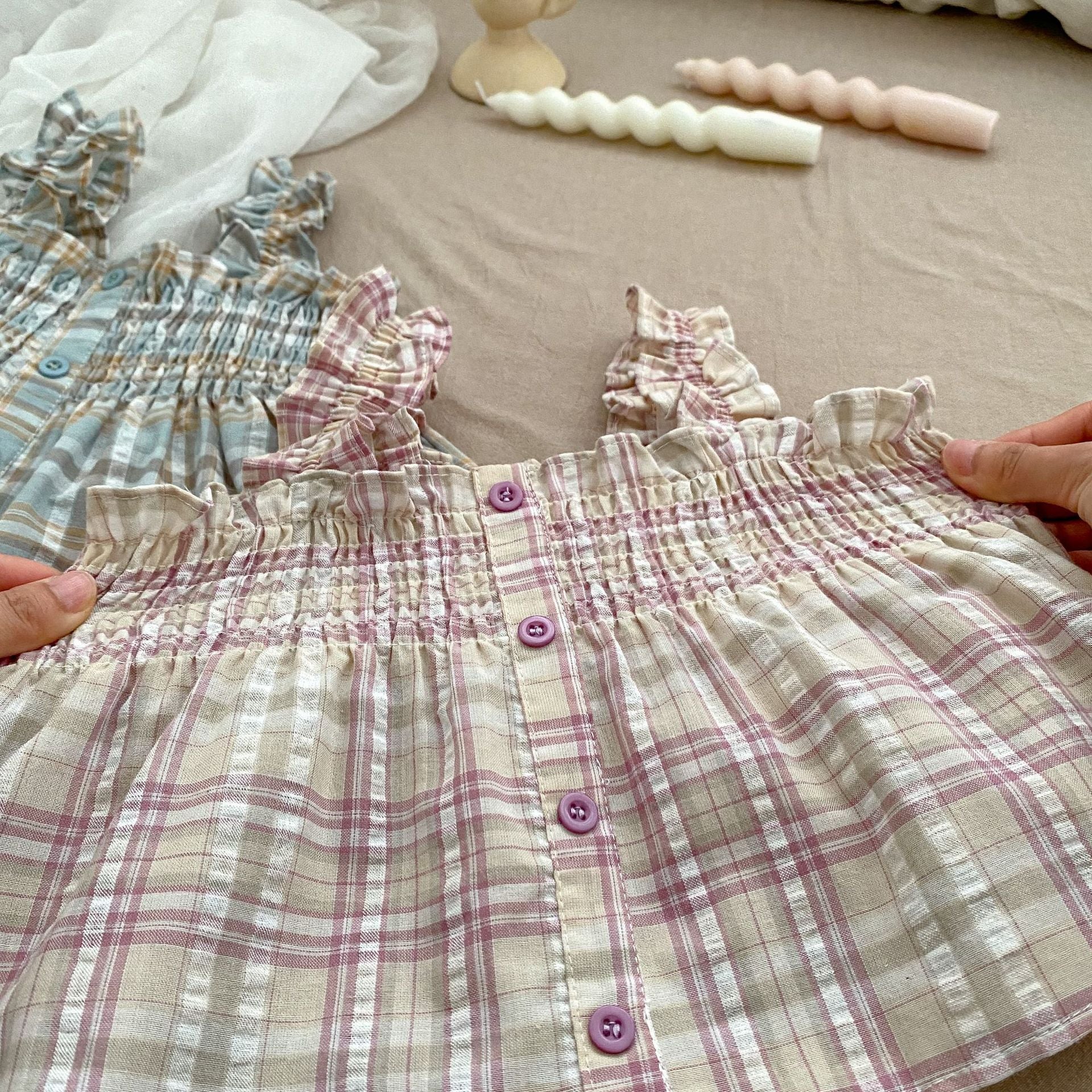 Summer Baby Kids Girls Plaid Sleeveless Strap Single Breasted Top And Shorts Casual Clothing Set-4