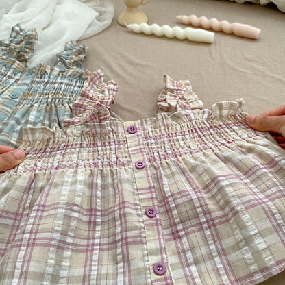 Summer Baby Kids Girls Plaid Sleeveless Strap Single Breasted Top And Shorts Casual Clothing Set-4