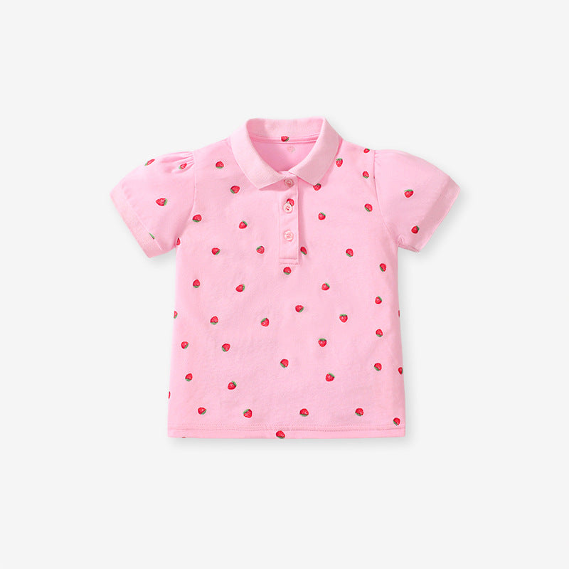 Baby Kids Girls Strawberries Print Short Sleeves Polo Shirt-0