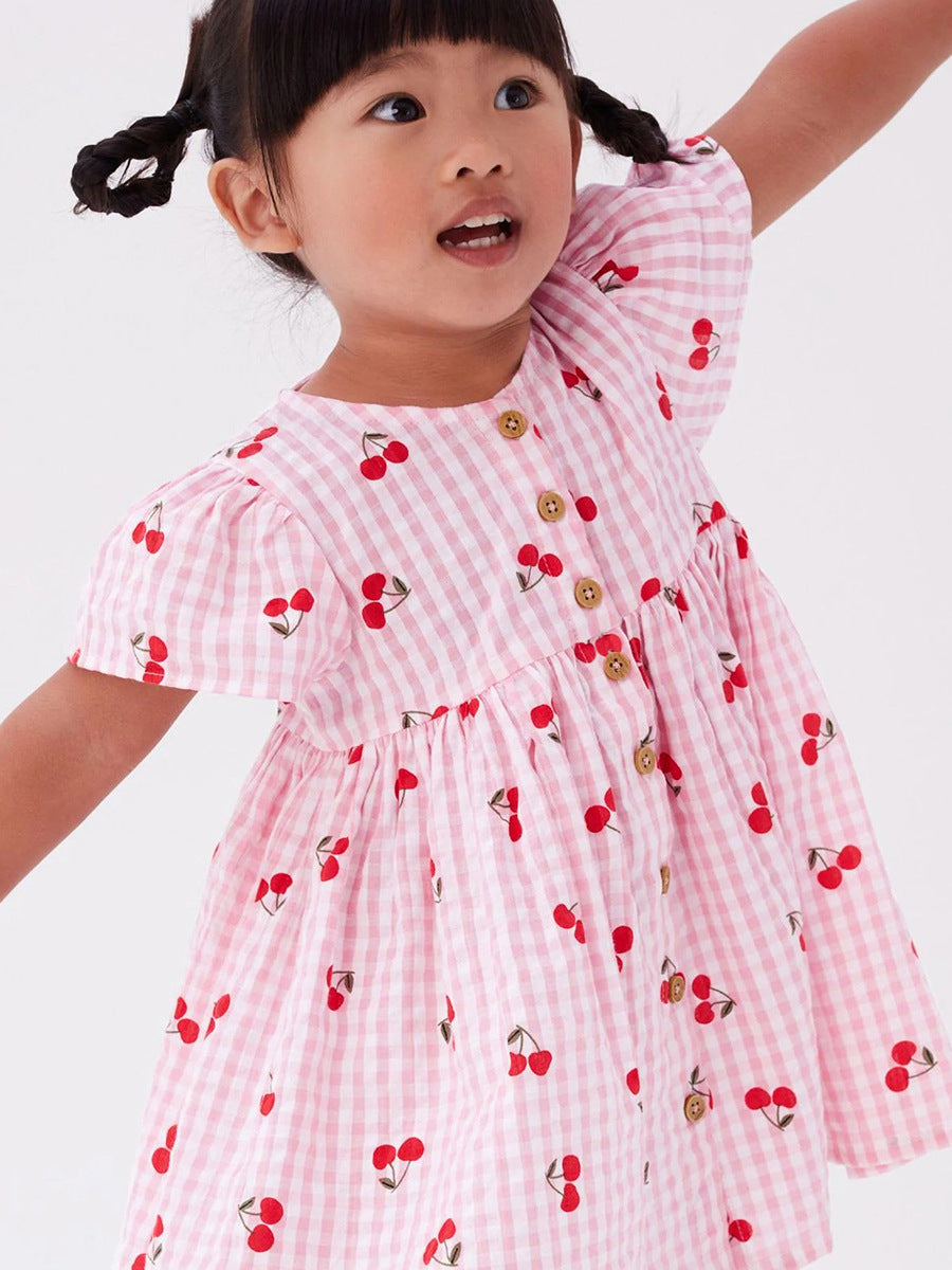 Baby Girls Crew Neck Plaid Cherry Print Short Sleeves Dress-2