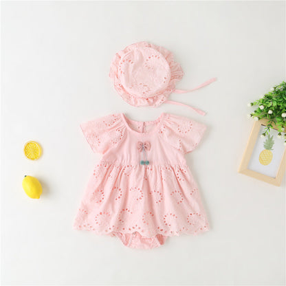 Baby Girl 1pcs Solid Color Hollow Carved Design Bow Onesies Dress-2