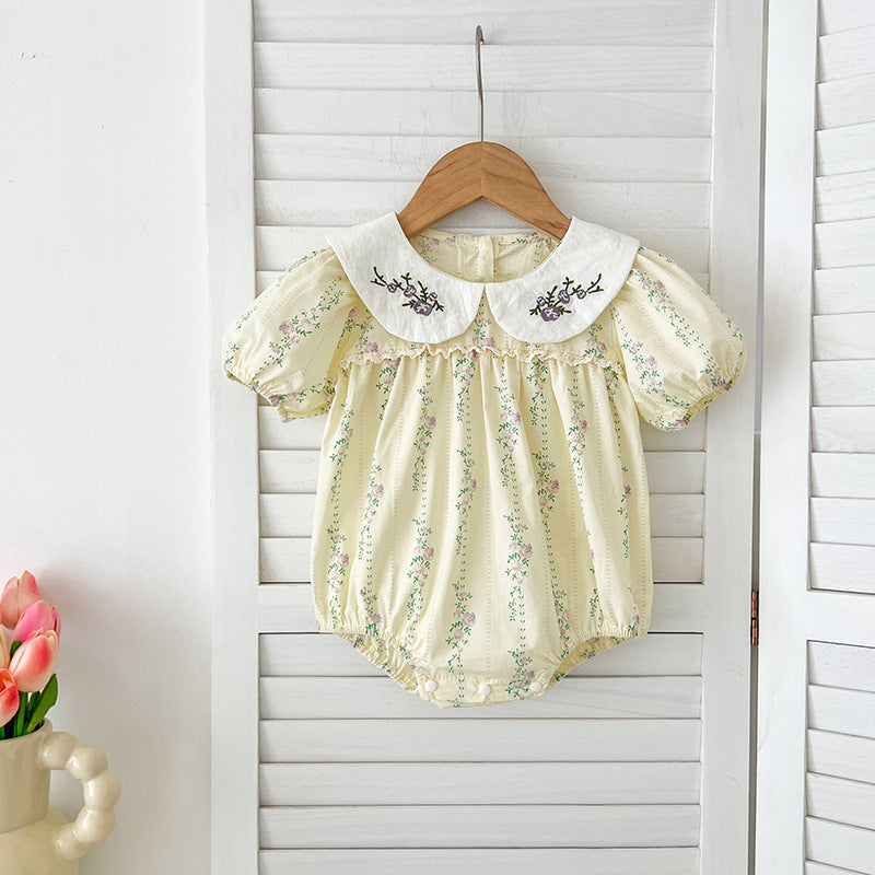 New Design Summer Baby Kids Girls Floral Striped Pattern Short Sleeves Embroidered Onesies And Girls’ Dress – Princess Sister Matching Set-1